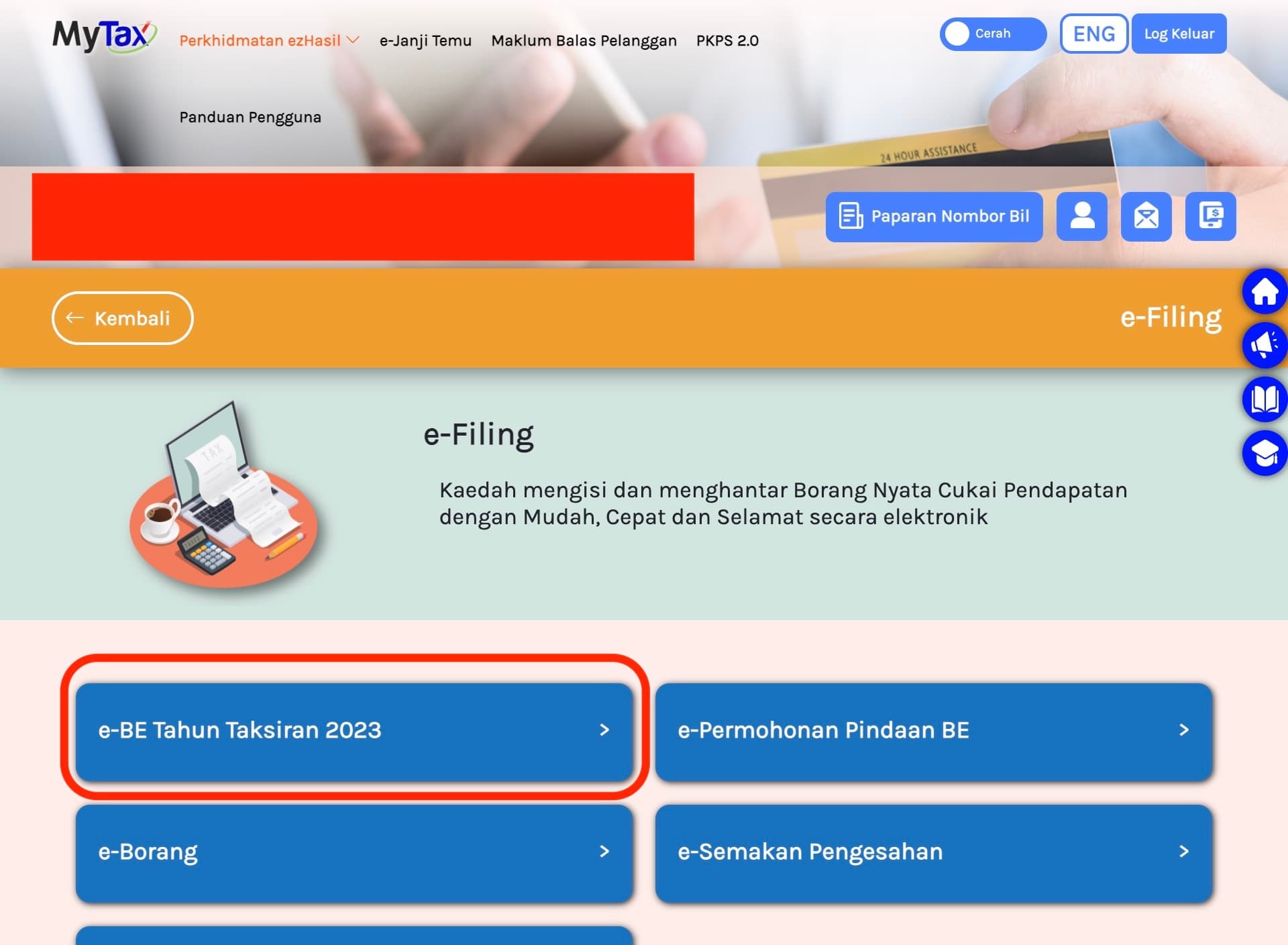 Click on e-BE Tahun Taksiran 2023