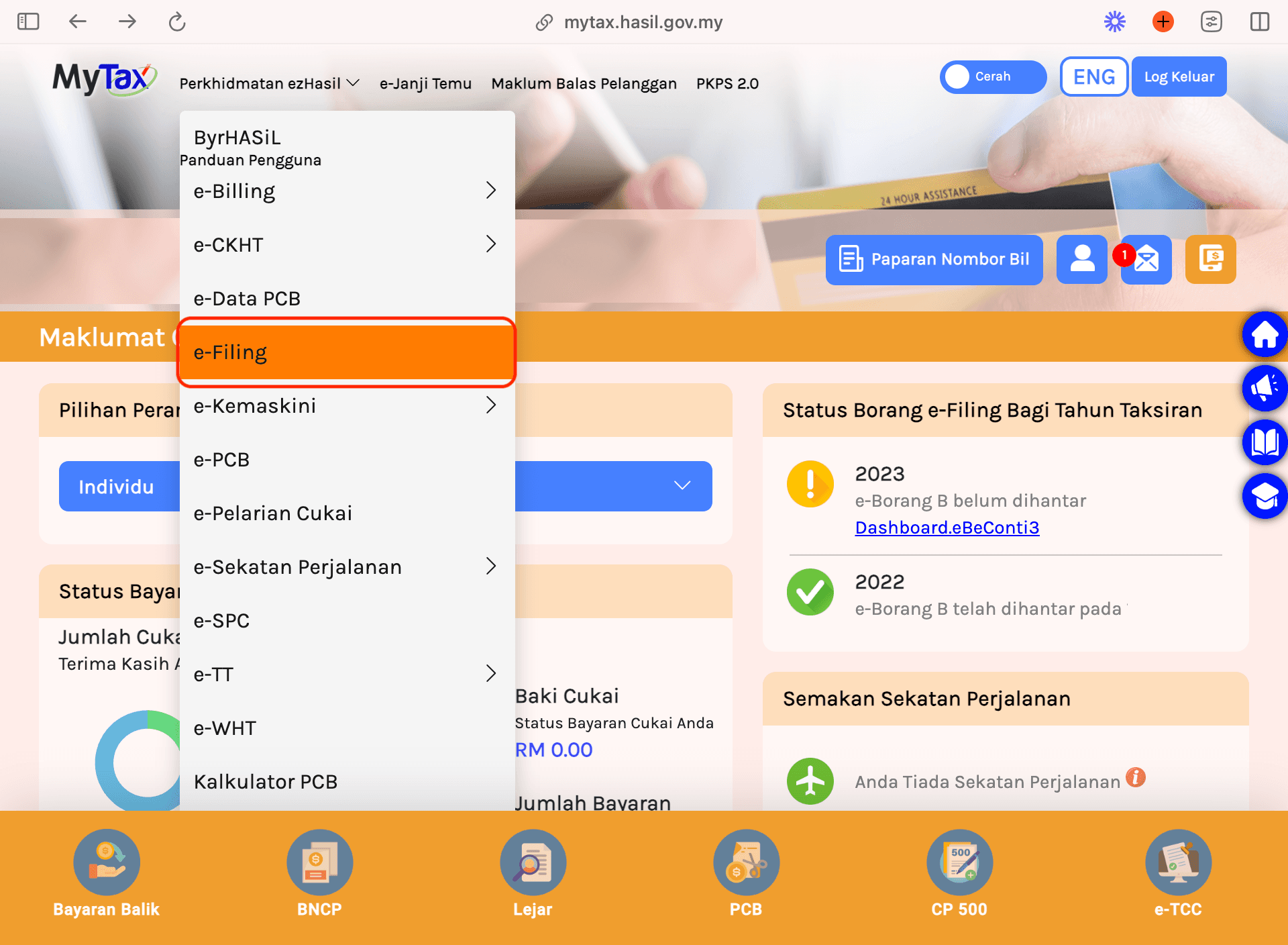 Click e-Filing in the dropdown menu